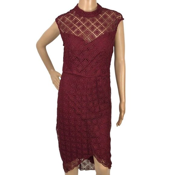 Bisou Bisou Crochet Lace Formal Evening Dress Size 6 Cut Out High Neck Wine Red - Picture 1 of 7